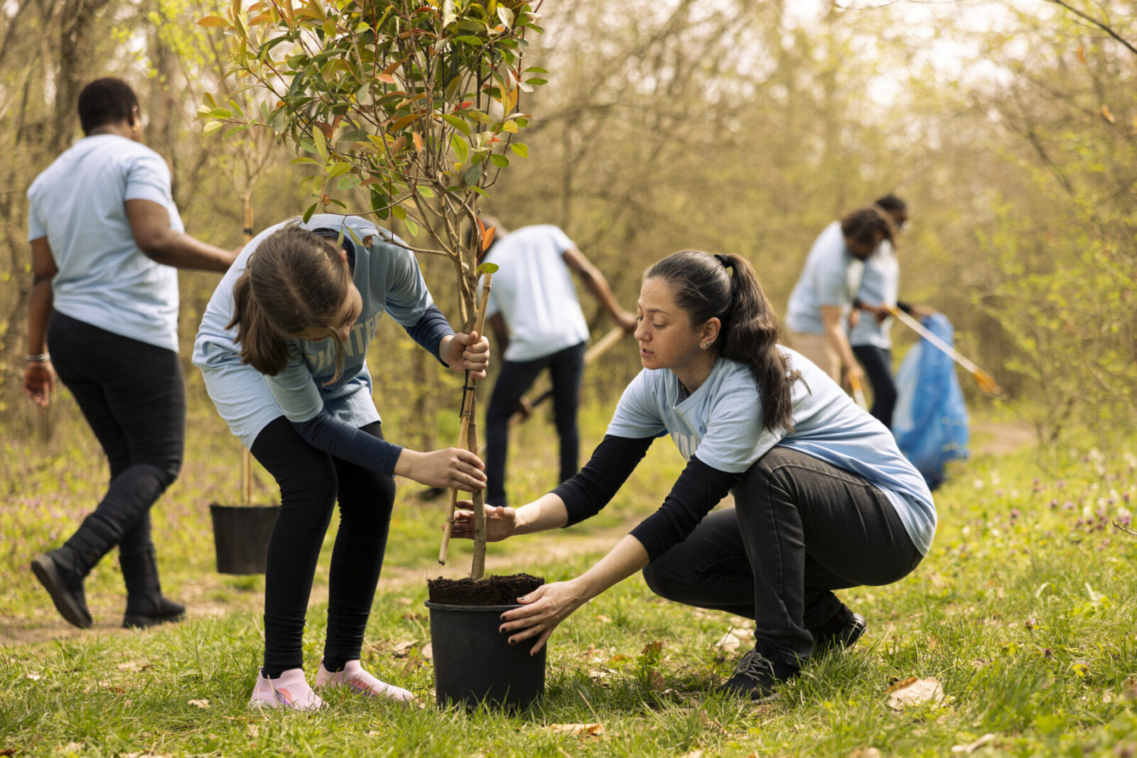 Mother and daughter preparing to plant a tree in the woods